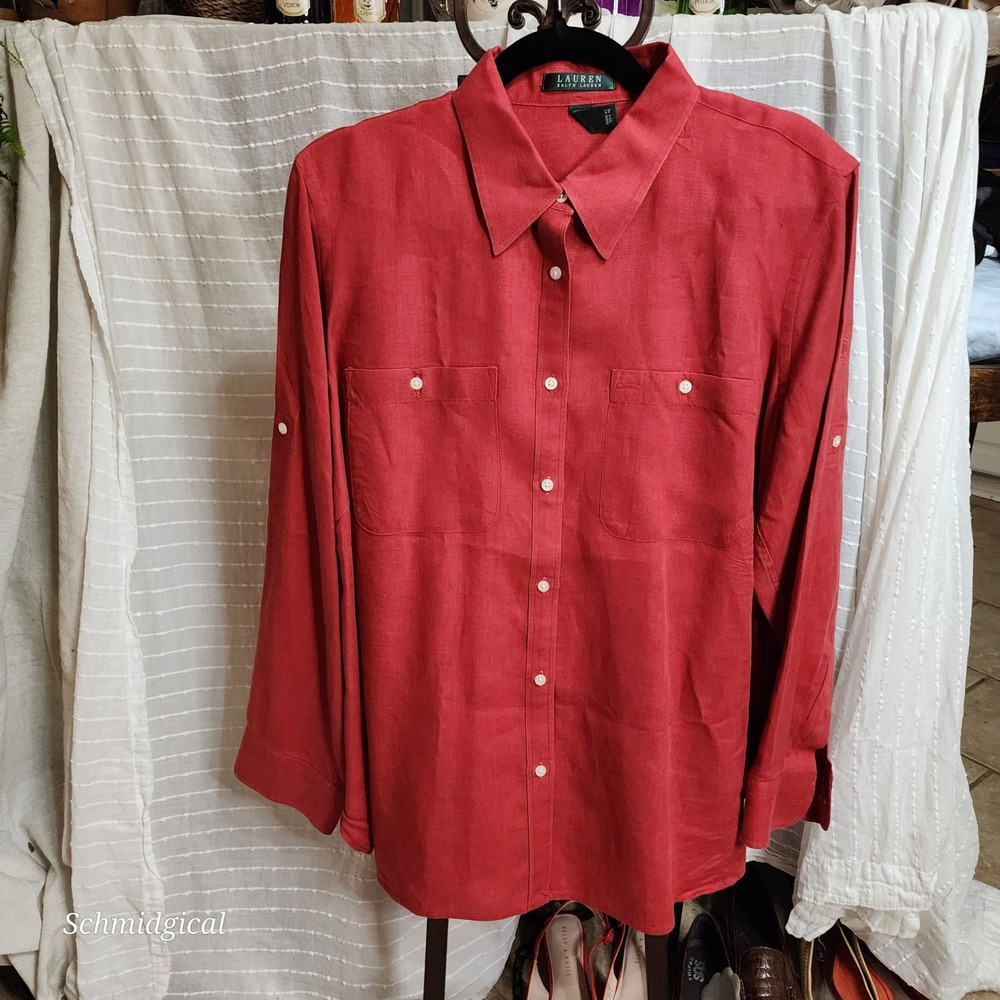 Lauren Ralph Lauren Red 100% Linen Roll Tab Button Down Shirt Plus Size 1X